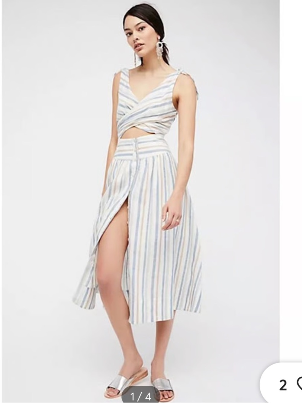 Free People Striped V-Neck Midi Dress - Blue & Cream